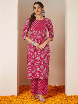 Janasya - Pink Pure Cotton Floral Printed Straight Kurta with Pant