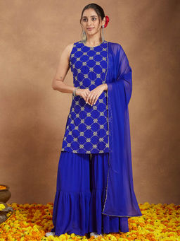 Janasya - Royal Blue Zari Embroidered Kurta with Sharara and Dupatta