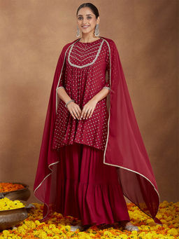 Janasya - Maroon Rayon Kurti with Sharara and Dupatta