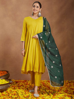 Janasya - Yellow Rayon Solid Anarkali Kurta with Pant and Dupatta
