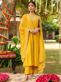 Janasya - Yellow Embroidered Anarkali Kurta with Pant and Dupatta