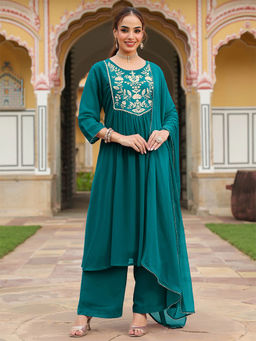Janasya - Teal Georgette Embroidered A-Line Kurta with Palazzo and Dupatta