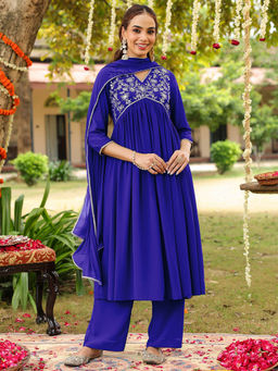 Janasya - Royal Blue Zari Yoke Embroidered A-Line Kurta with Palazzo and Dupatta