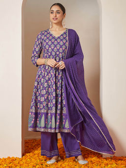 Janasya - Purple Rayon Floral Printed Anarkali Kurta with Palazzo and Dupatta