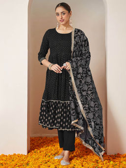 Janasya - Black Printed Gota Work Anarkali Kurta with Pant and Dupatta