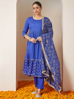 Janasya - Blue Printed Gota Work Anarkali Kurta with Pant and Dupatta