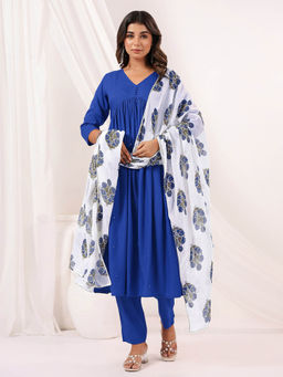 Janasya - Blue Rayon Mirror Work A-Line Kurta with Pant and Floral Dupatta