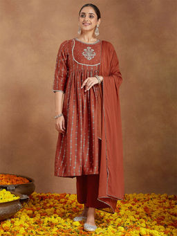 Janasya - Rust Embroidered Gold Printed A-Line Kurta with Pant and Dupatta
