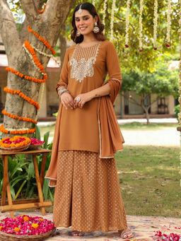 Janasya - Brown Georgette Embroidered Straight Kurti with Palazzo and Dupatta