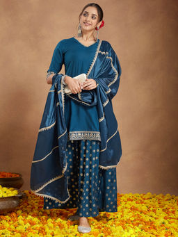 Janasya - Teal Embroidered Straight Kurti with Palazzo and Dupatta