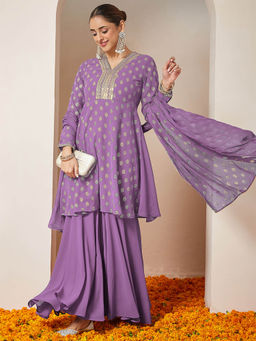 Janasya - Purple Georgette Printed A-Line Kurta with Sharara and Dupatta