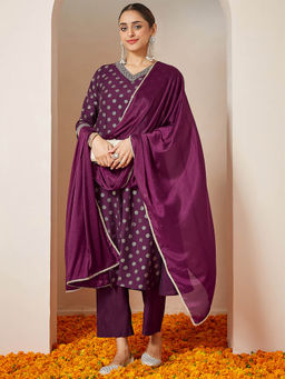 Janasya - Purple Chanderi Silk Gold Printed Kurta with Pant and Dupatta