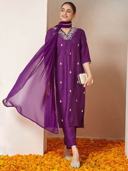 Janasya - Purple Silk Blend Floral Embroidered A-Line Kurta with Pant and Dupatta