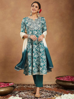 Janasya - Teal Embroidered Floral Printed Anarkali Kurta with Pant and Dupatta