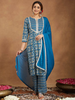 Janasya - Blue Floral Printed Straight Kurta with Palazzo and Dupatta