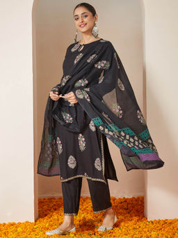 Janasya - Black Rayon Floral Printed Straight Kurta with Pant and Dupatta