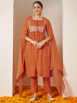 Janasya - Orange Embroidered Kurta with Pant and Dupatta