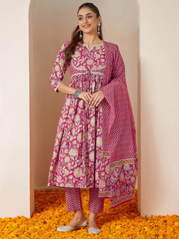 Janasya - Pink Pure Cotton Floral Printed A-Line Kurta with Pant and Dupatta