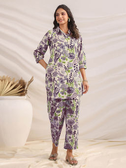 Janasya - Purple Pure Cotton Floral Printed Co-Ord Set