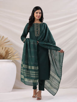 Janasya - Dark Green Solid Lace Work Straight Kurta with Pant and Dupatta