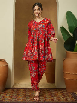 Janasya - Red Pure Cotton Floral Printed Peplum Co-Ord Set