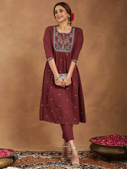 Janasya - Maroon Pure Cotton Embroidered A-Line Kurta with Pant