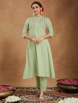Janasya - Mint Green Pure Cotton Floral Embroidered A-Line Kurta with Pant
