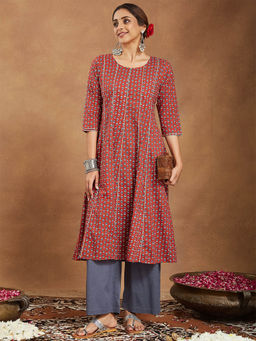 Janasya - Red Pure Cotton Floral Printed A-Line Kurta with Palazzo
