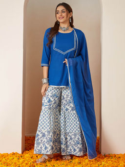 Janasya - Blue Straight Kurti with Printed Sharara and Dupatta