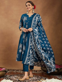 Janasya - Teal Pure Cotton Floral Printed A-Line Kurta with Pant and Dupatta