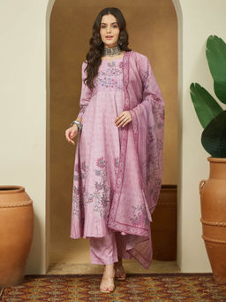Janasya - Purple Floral Printed Anarkali Kurta with Pant and Dupatta