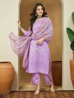 Janasya - Lavender Floral Printed Straight Kurta with Pant and Dupatta