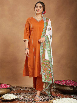 Janasya - Orange Solid Straight Kurta with Pant and Printed Dupatta