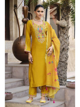 Autumnlane - Karwat Yellow Embroidered Sequined Kurta with Pant and Dupatta
