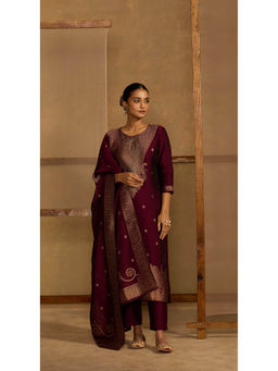 Soch - Maroon Organza Woven Beads Work Kurta with Pant and Dupatta