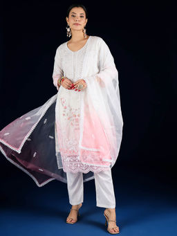 Varanga - White-Pink Heavy Embroidered Kurta with Pant and Dupatta