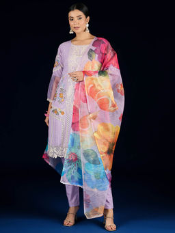 Varanga - Lavender Floral Embroidered Cotton Kurta with Pant and Dupatta