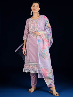 Varanga - Lavender Floral Embroidered Cotton Kurta with Pant and Dupatta
