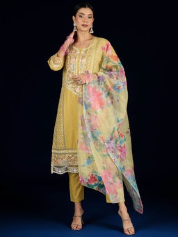 Varanga - Mustard Floral Embroidered Cotton Kurta with Pant and Dupatta