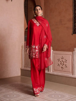 Autumnlane - Sangini Red Floral Sequined Kurti with Palazzo and Dupatta