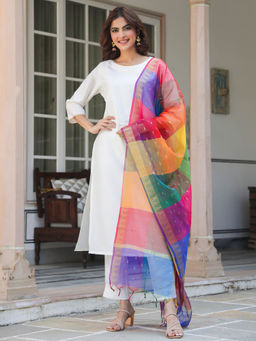 Janasya - White Silk Solid Kurta with Pant and Printed Dupatta
