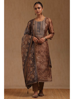 Soch - Brown Art Silk Schiffli Self Design Kurta with Pant and Dupatta