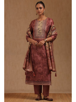 Soch - Onion Pink Art Silk Schiffli Self Design Kurta with Pant and Dupatta