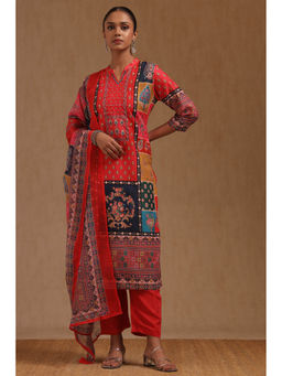 Soch - Red Muslin Printed Mirror Work Kurta with Pant and Dupatta
