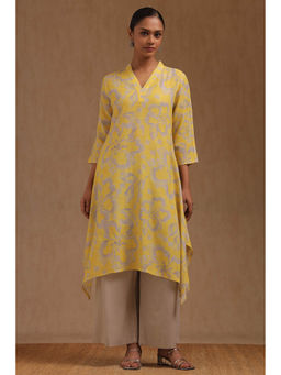Soch - Yellow Linen Blend Floral Printed Kurta with Palazzo