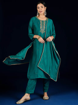 Varanga - Teal Embroidered Kurta with Pant and Dupatta