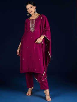 Varanga - Wine Embroidered Kurta with Pant and Dupatta