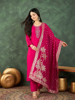 Varanga - Fuchsia Pink Woven Kurta with Pant and Dupatta