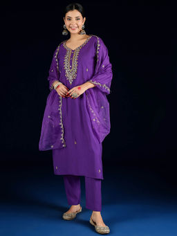 Varanga - Purple Embroidered Beads Work Kurta with Pant and Dupatta