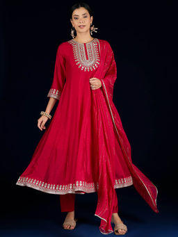 Varanga - Red Embroidered Anarkali Kurta with Pant and Dupatta